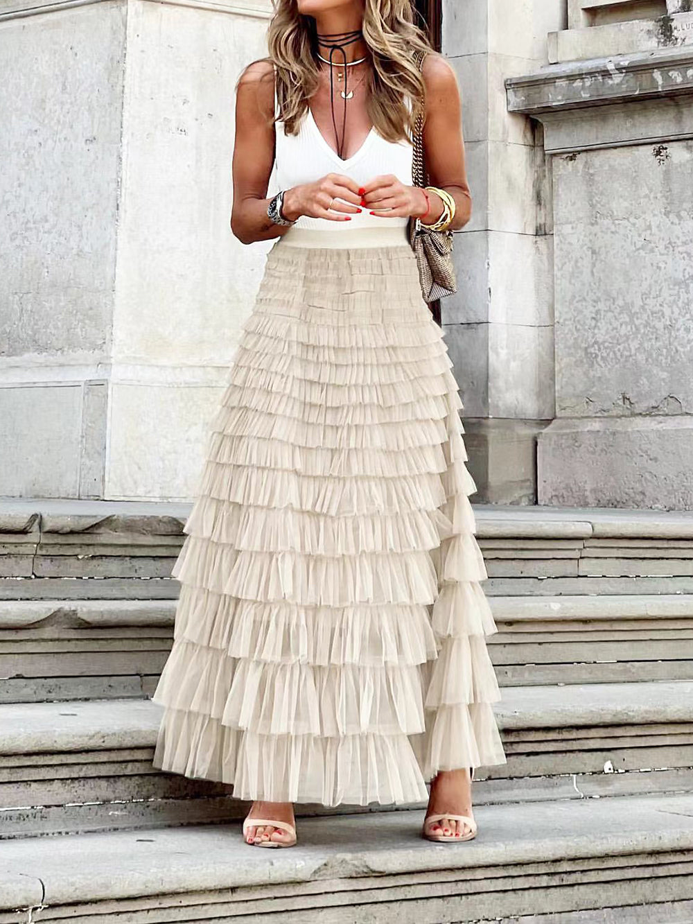 Beige Gelaagde Rok voor Vrouwen