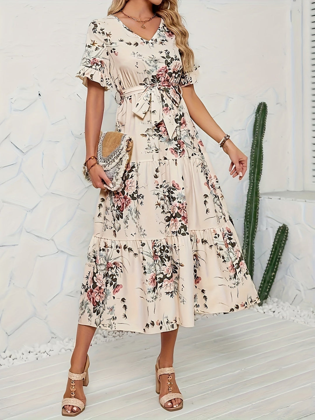 Beige Bloemen Maxi-jurk voor Vrouwen