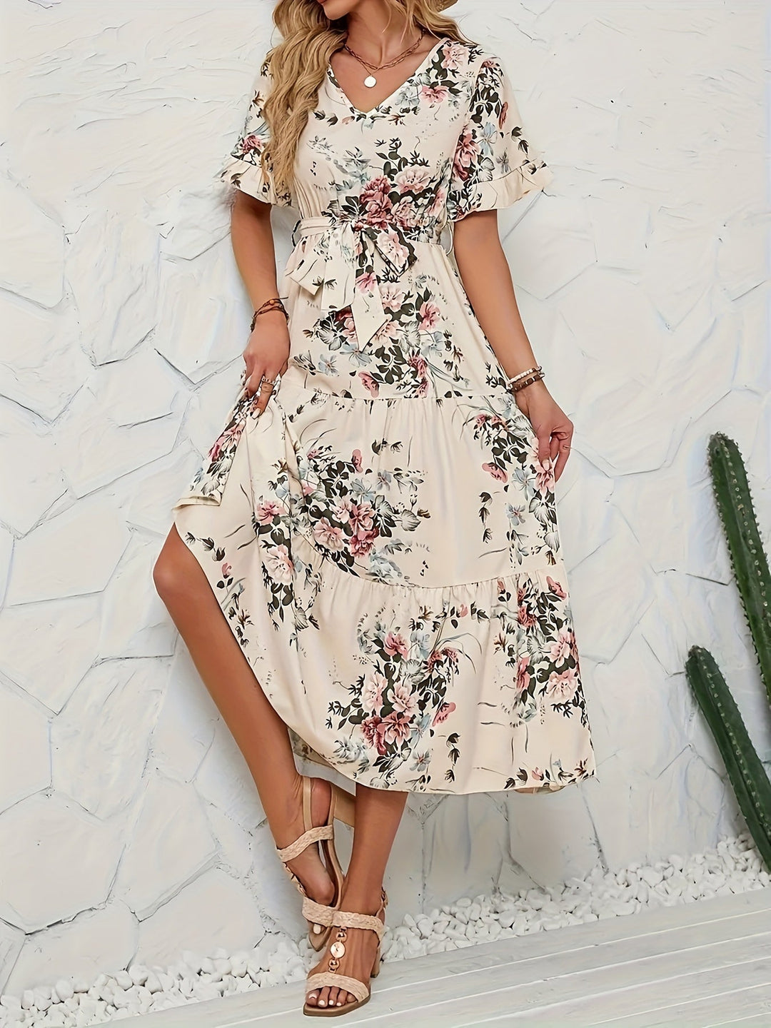 Beige Bloemen Maxi-jurk voor Vrouwen