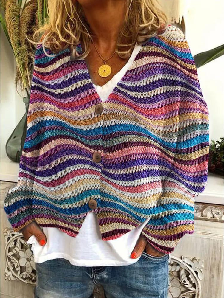 Boheemse Golfpatroon Cardigan met Knopen voor Vrouwen