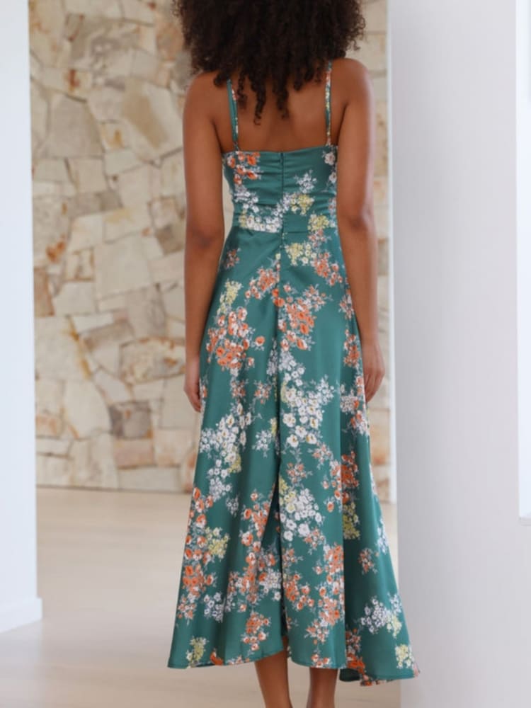 Groene Foral Jurk met Split voor Vrouwen