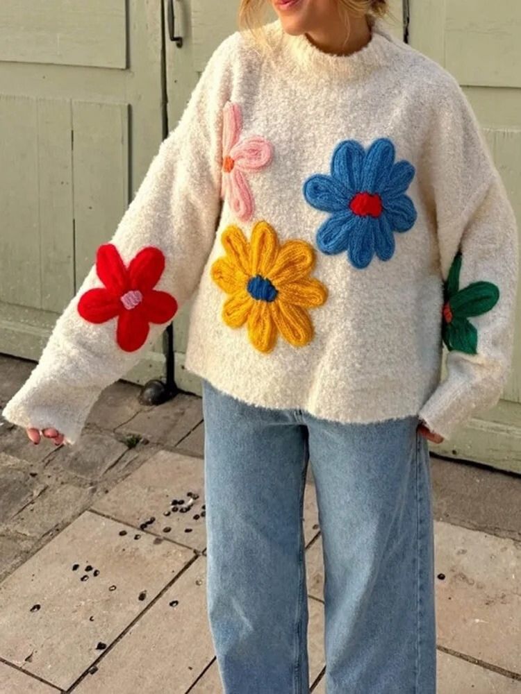 Charmante Gebreide Bloemen Trui voor Vrouwen