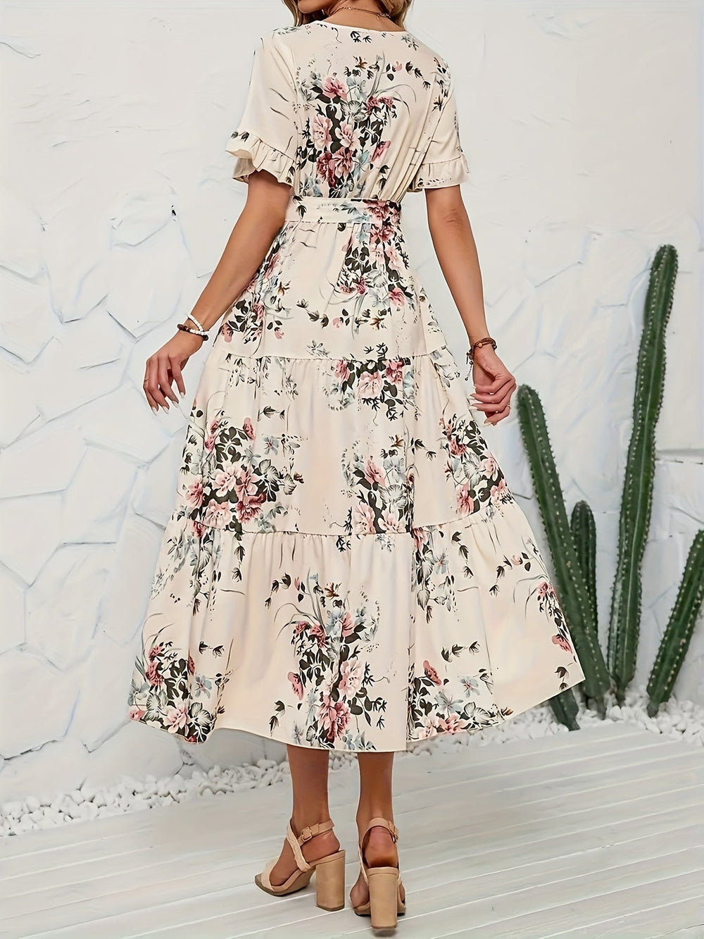 Beige Bloemen Maxi-jurk voor Vrouwen