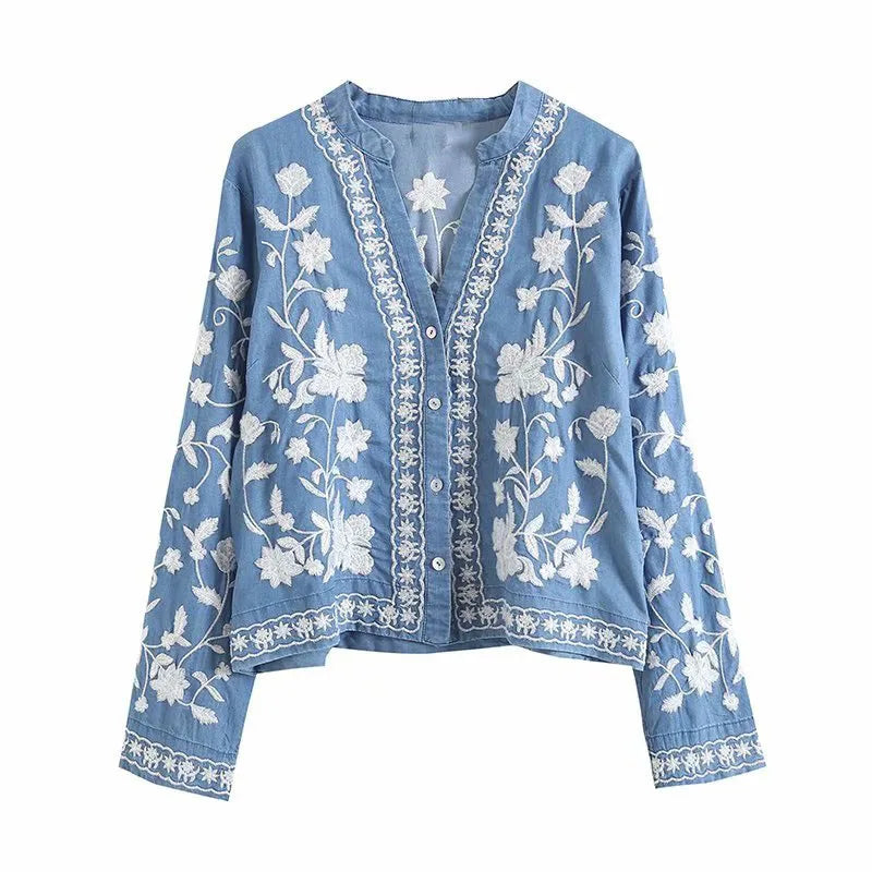 Boho Geborduurde Blouse met Lange Mouwen voor Vrouwen