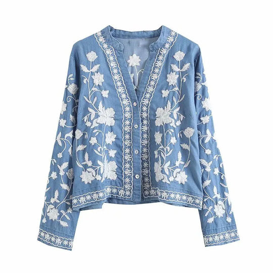 Boho Geborduurde Blouse met Lange Mouwen voor Vrouwen