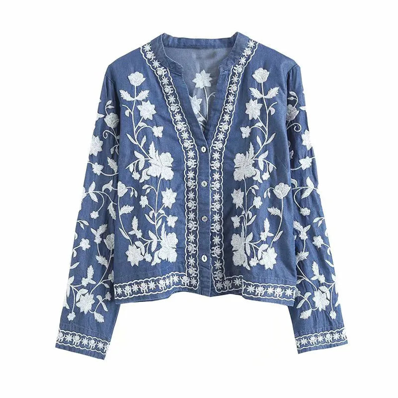 Boho Geborduurde Blouse met Lange Mouwen voor Vrouwen