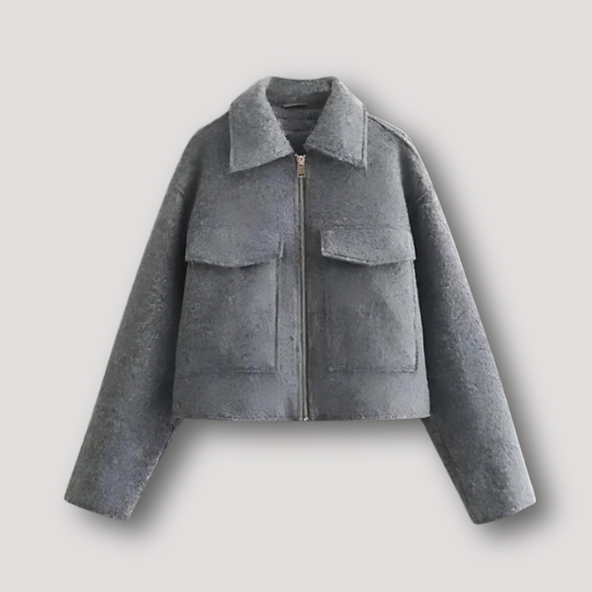 Cropped Grijze Jas met Oversized Zakken en Rits voor Vrouwen