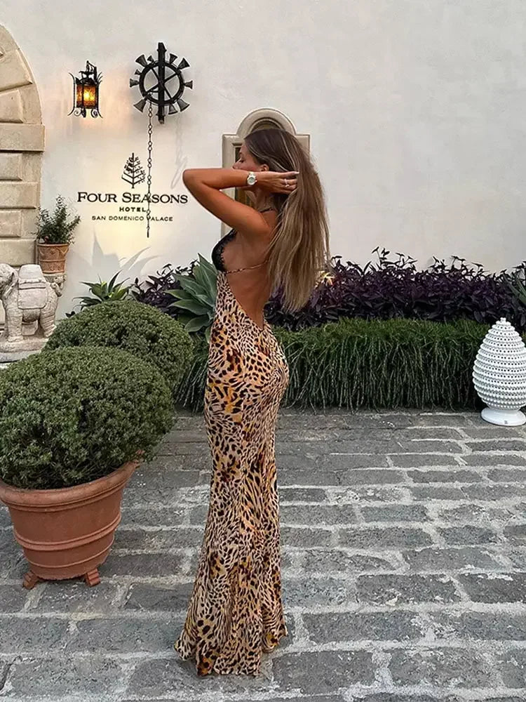 Elegante Rugloze Maxijurk met Luipaardprint voor Vrouwen