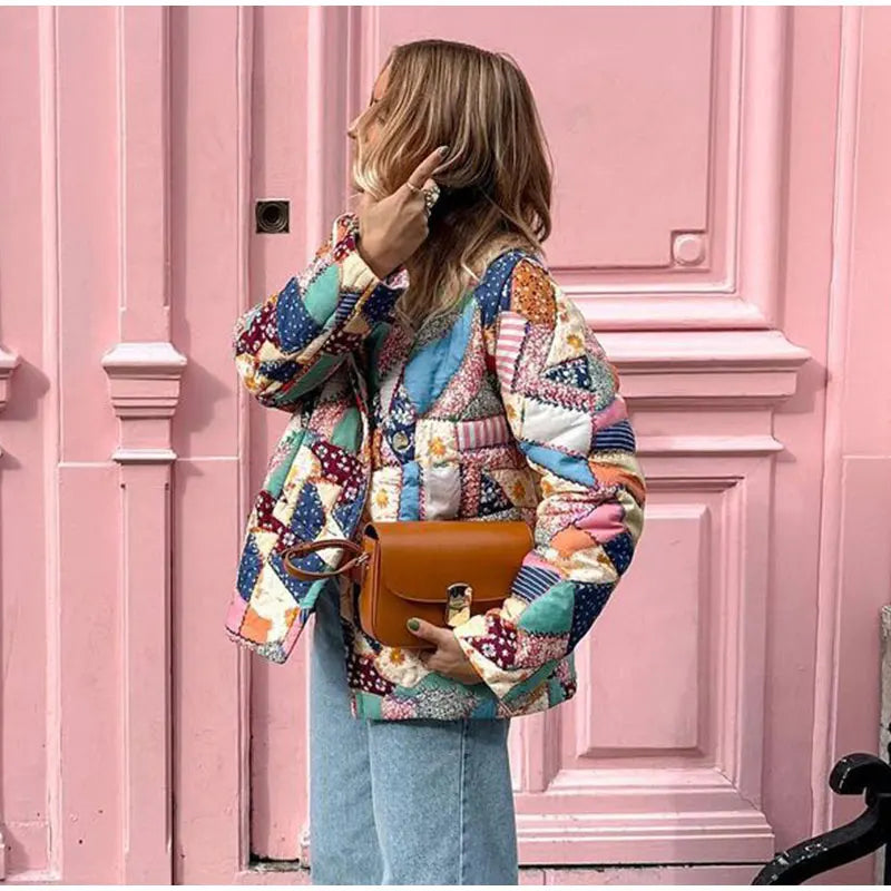 Vintage Patchwork Jas in Kleurrijke Stijl voor Vrouwen