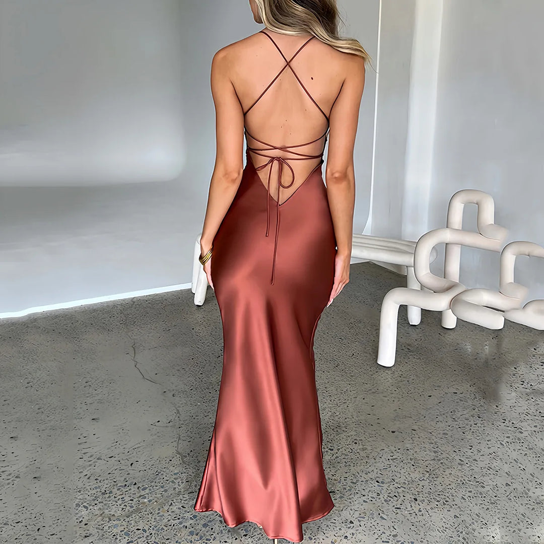Elegante Satijnen Lange Jurk met Spaghettiband voor Vrouwen