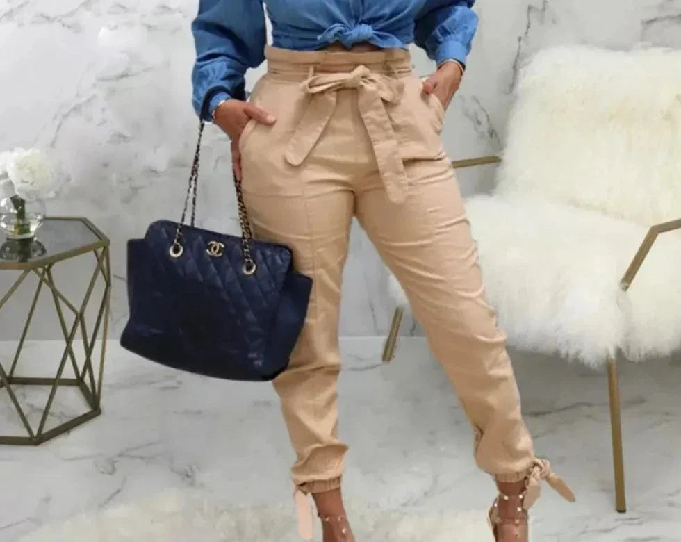 Beige Broek met Riem voor Vrouwen