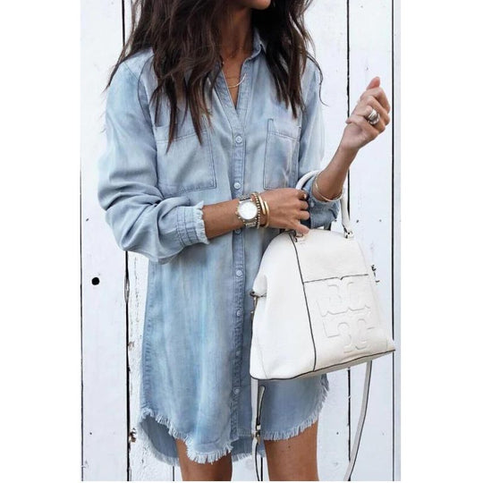 Denim Jurk met V-Hals en Lange Mouwen voor Vrouwen